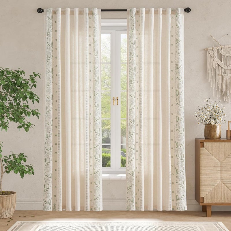 jinchan Winslow Linen Curtains for Bedroom 84 Inches Length Embroidered Bordered Floral Curtains for Living Room Farmhouse Decor Light Filtering Window Treatments Sage on Beige Drapes 2 Panels - Image 3